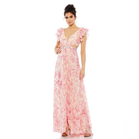 Mac Duggal Floral Flutter Cap-Sleeve V-Neck Lace-Up Gown Size 12 - Picture 7 of 8